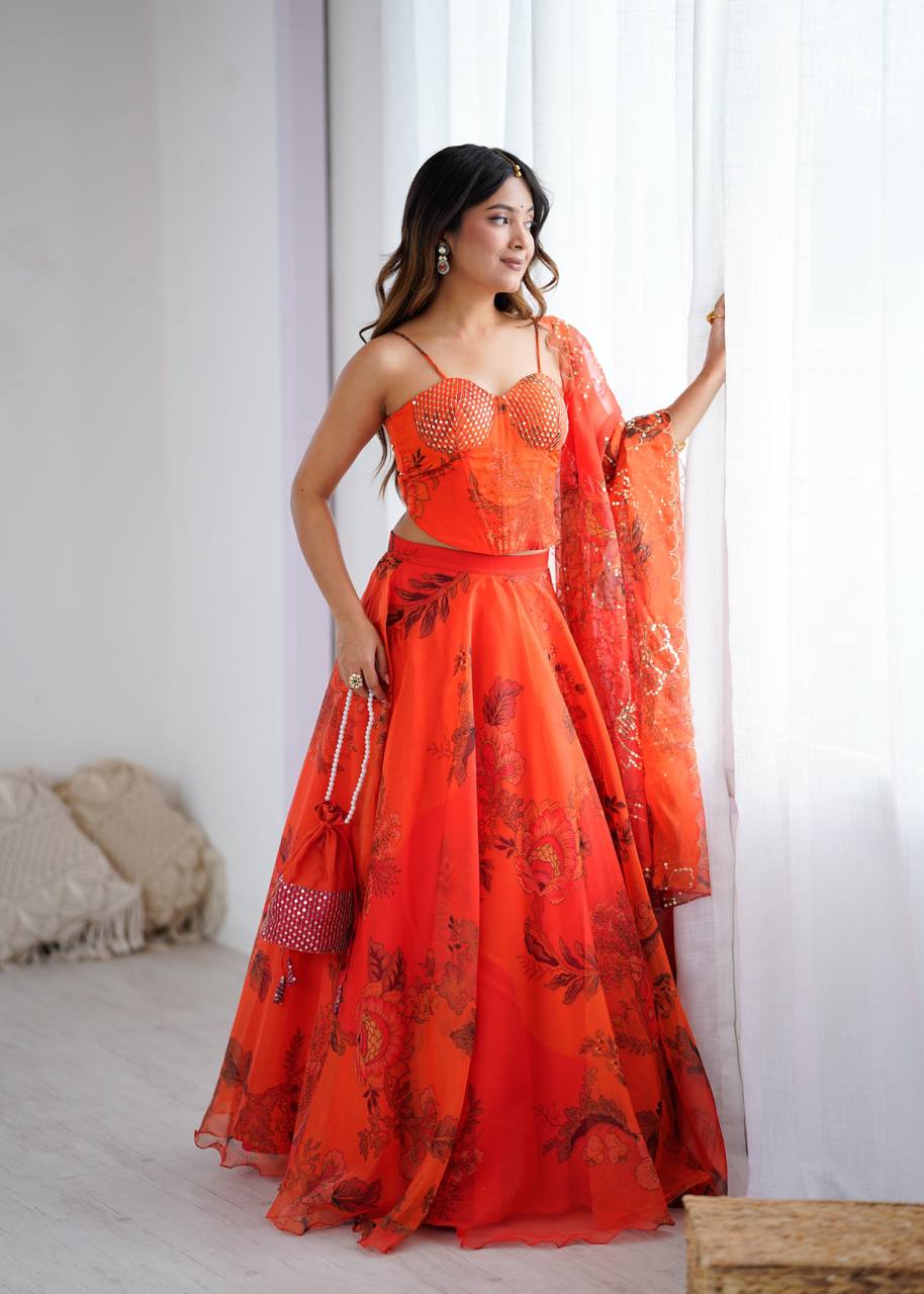 Trendy Orange Color Sequence Work Lehenga Choli