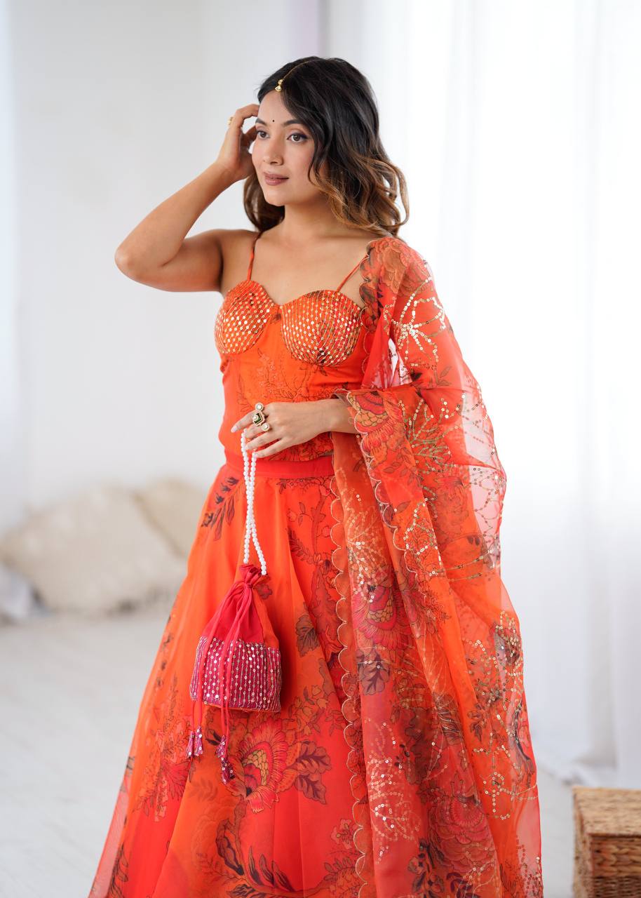 Trendy Orange Color Sequence Work Lehenga Choli