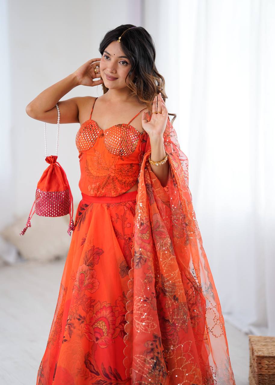 Trendy Orange Color Sequence Work Lehenga Choli