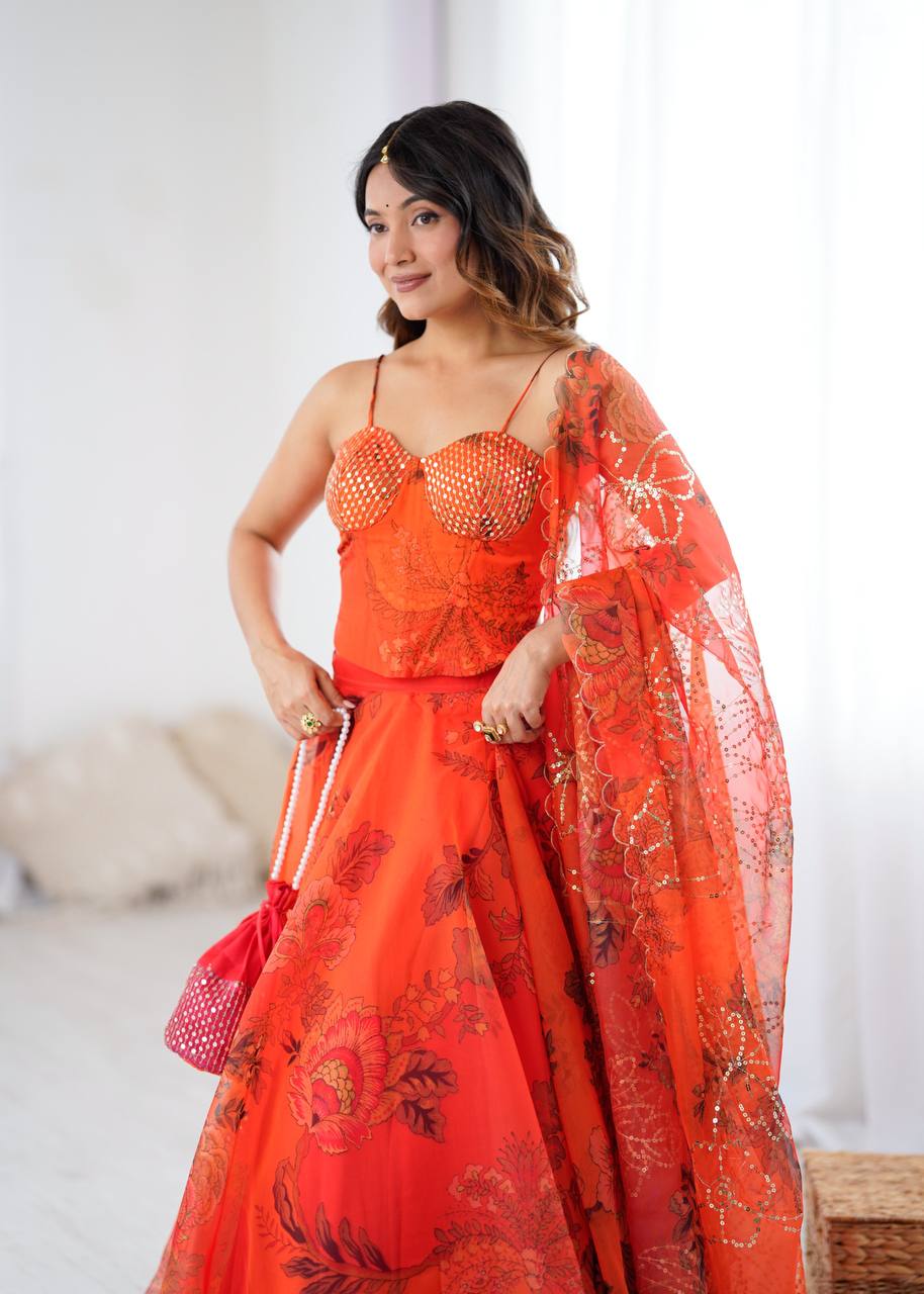 Trendy Orange Color Sequence Work Lehenga Choli