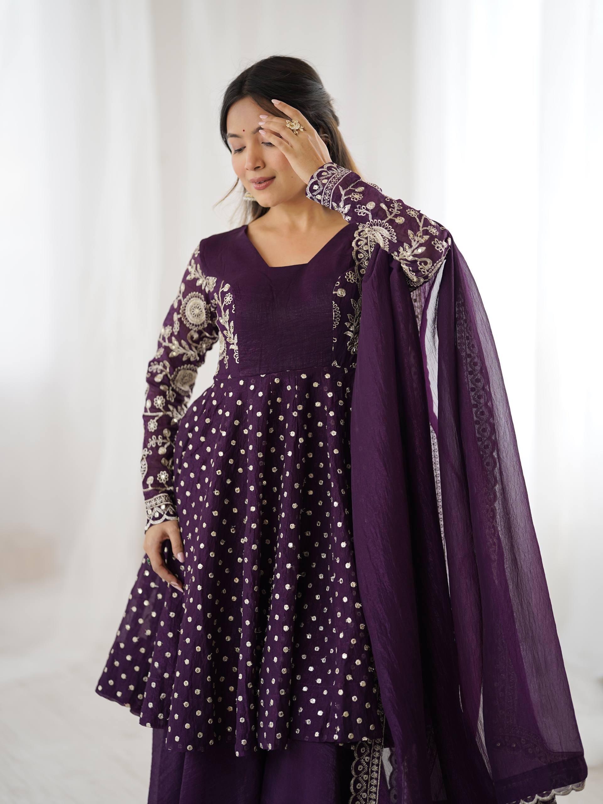 Ravishing Purple Color Embroidery Work Sharara Suit