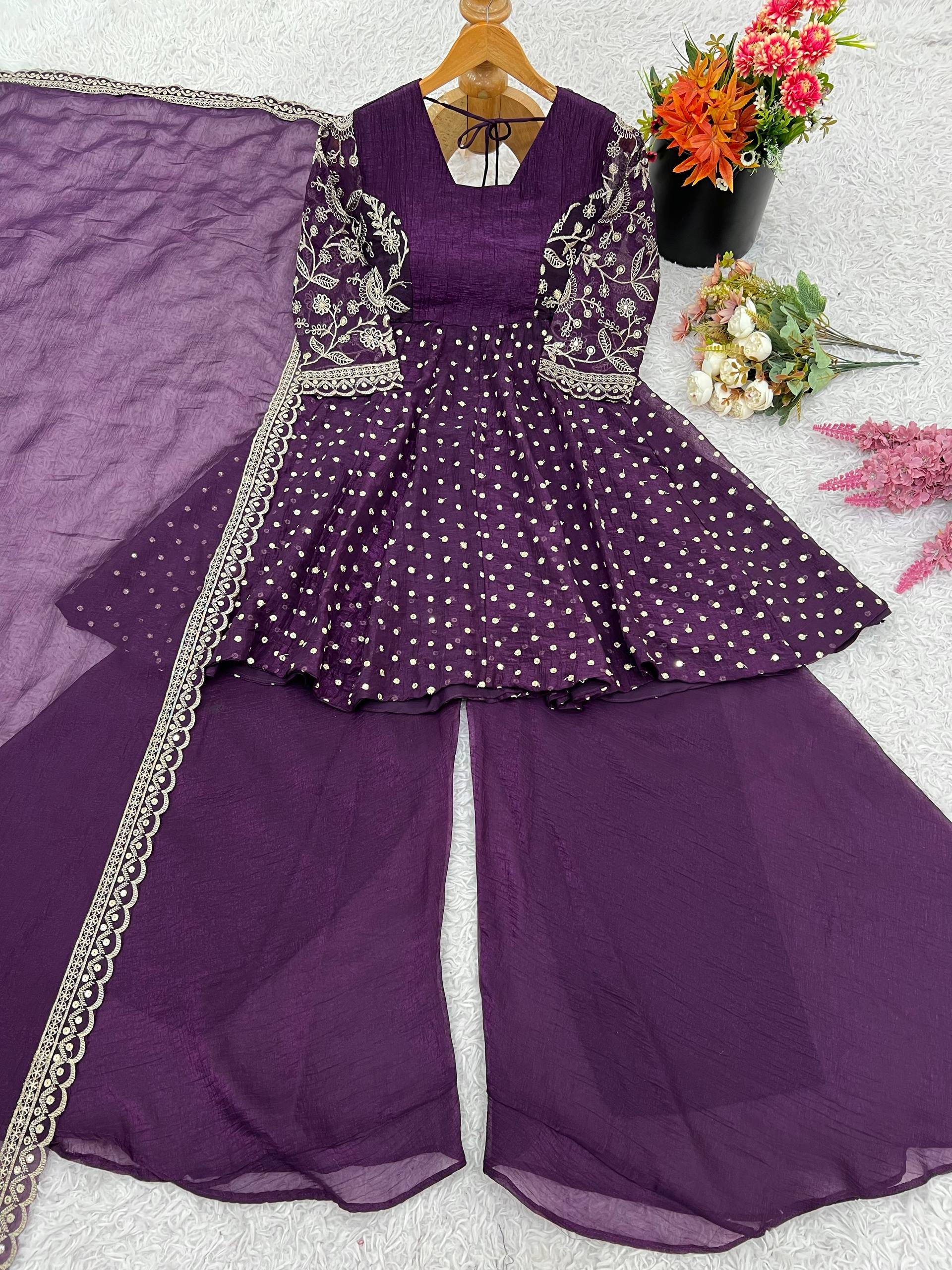 Ravishing Purple Color Embroidery Work Sharara Suit