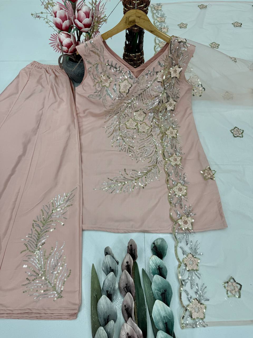Trendy Peach Color Sequence Work Palazzo Suit