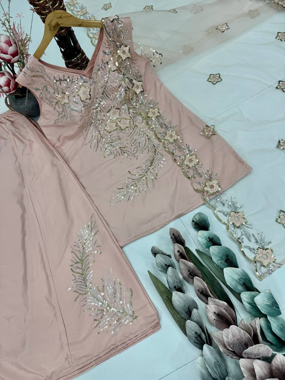 Trendy Peach Color Sequence Work Palazzo Suit