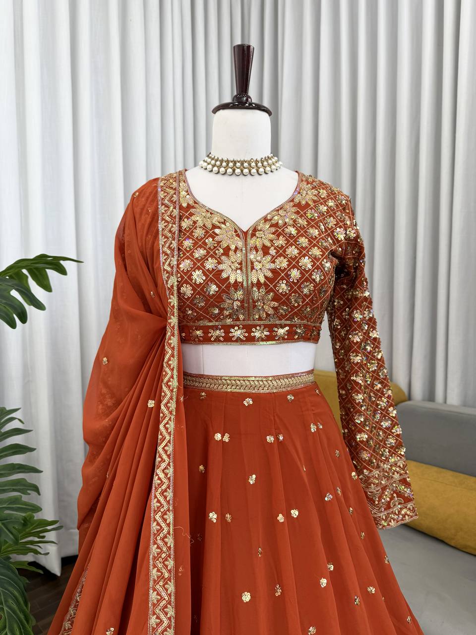 Awesome Orange Color Georgette Thread Work Lehenga Choli