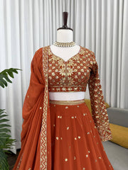 Awesome Orange Color Georgette Thread Work Lehenga Choli