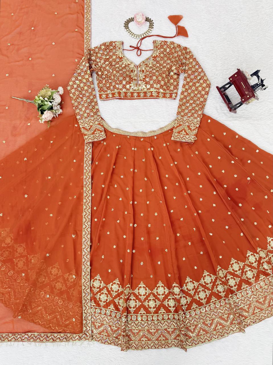 Awesome Orange Color Georgette Thread Work Lehenga Choli