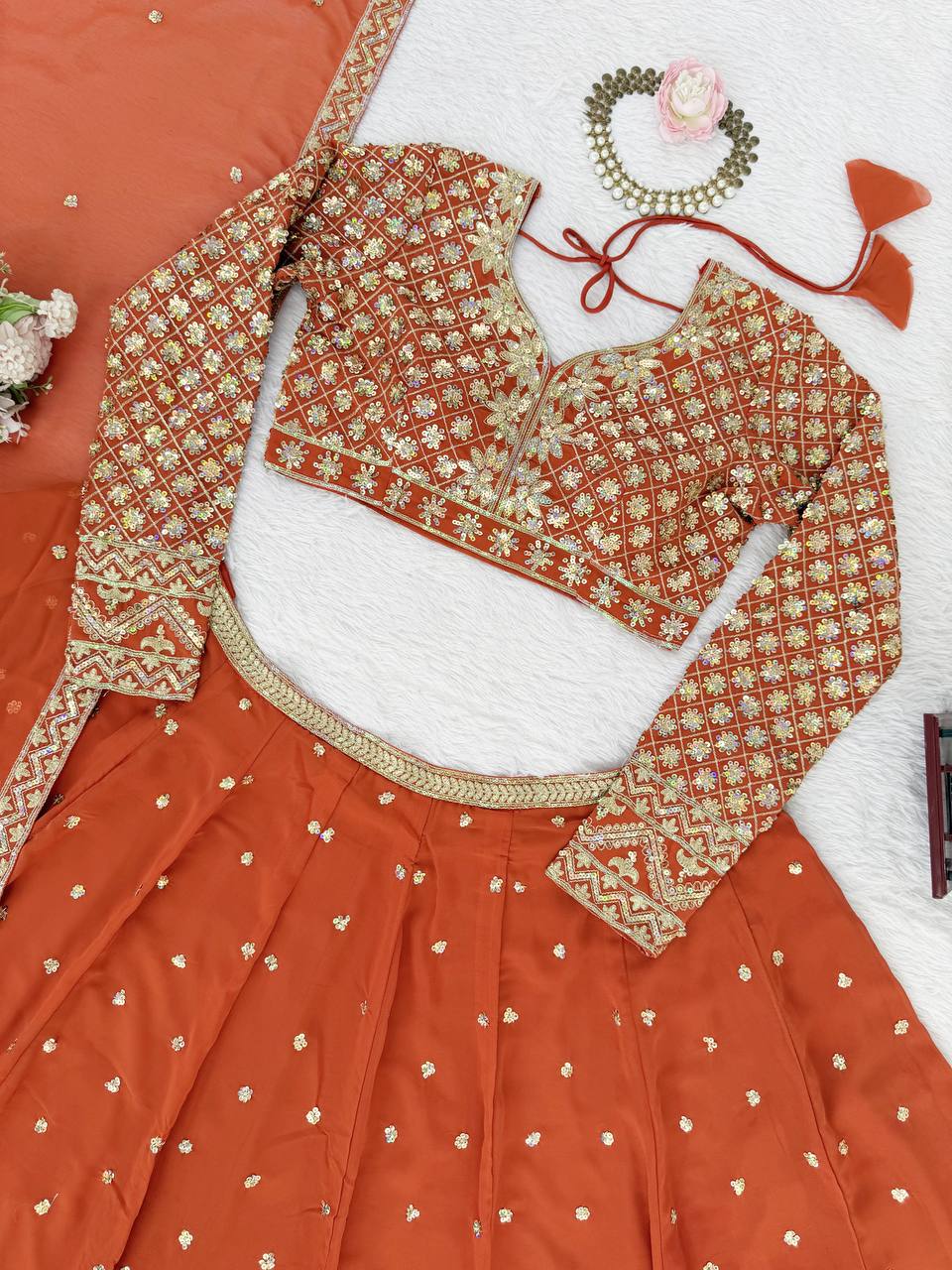 Awesome Orange Color Georgette Thread Work Lehenga Choli