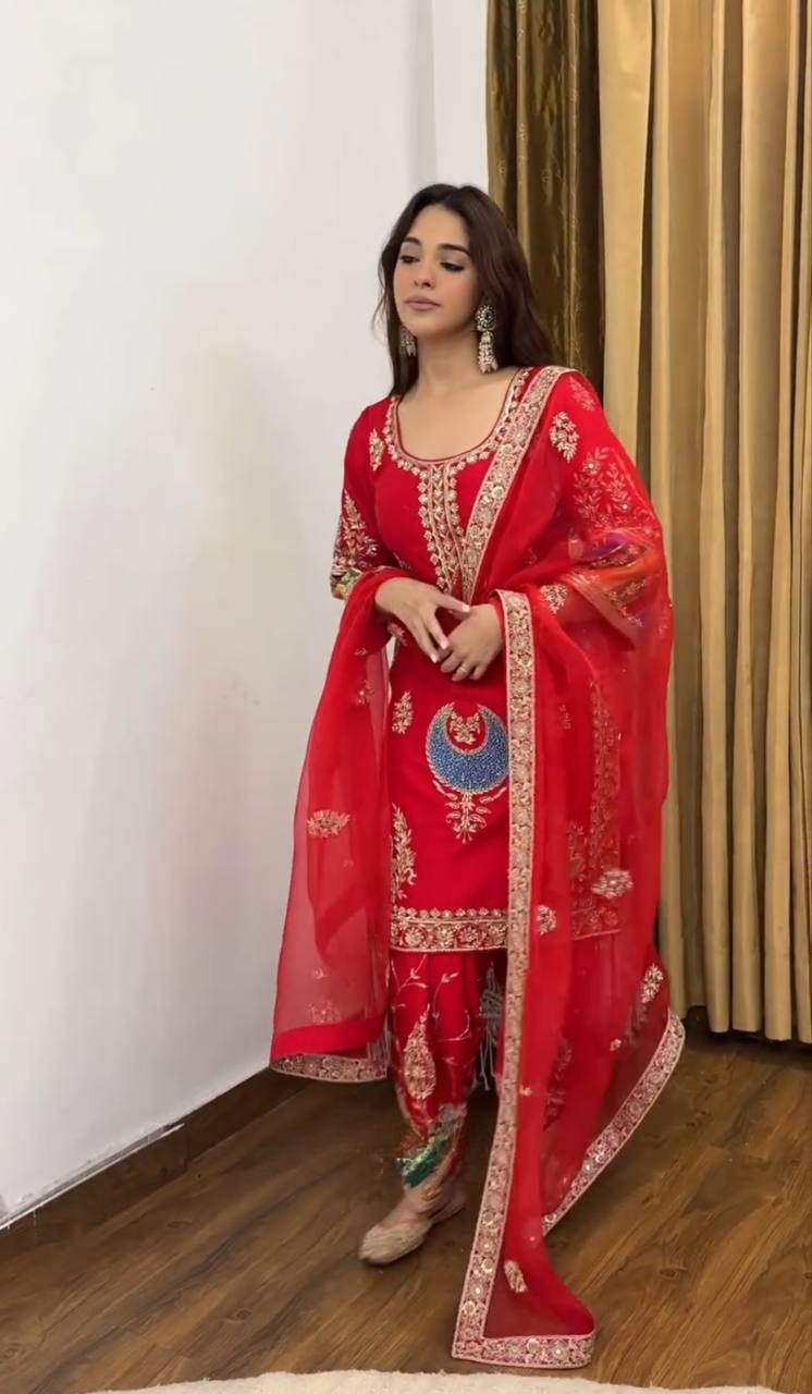 Lovely Red Color Sequence Work Palazzo Suit