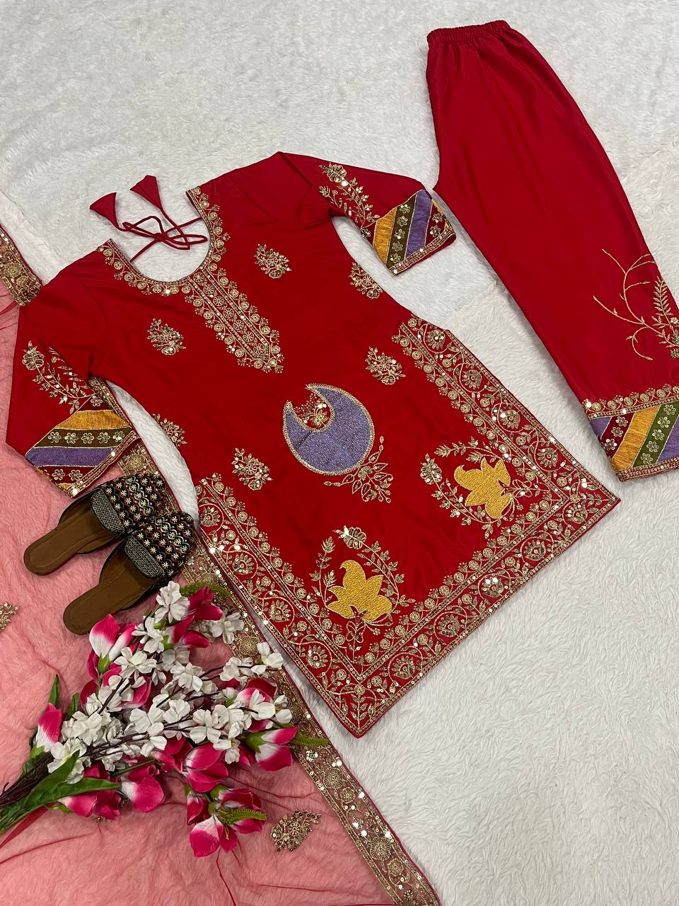 Lovely Red Color Sequence Work Palazzo Suit