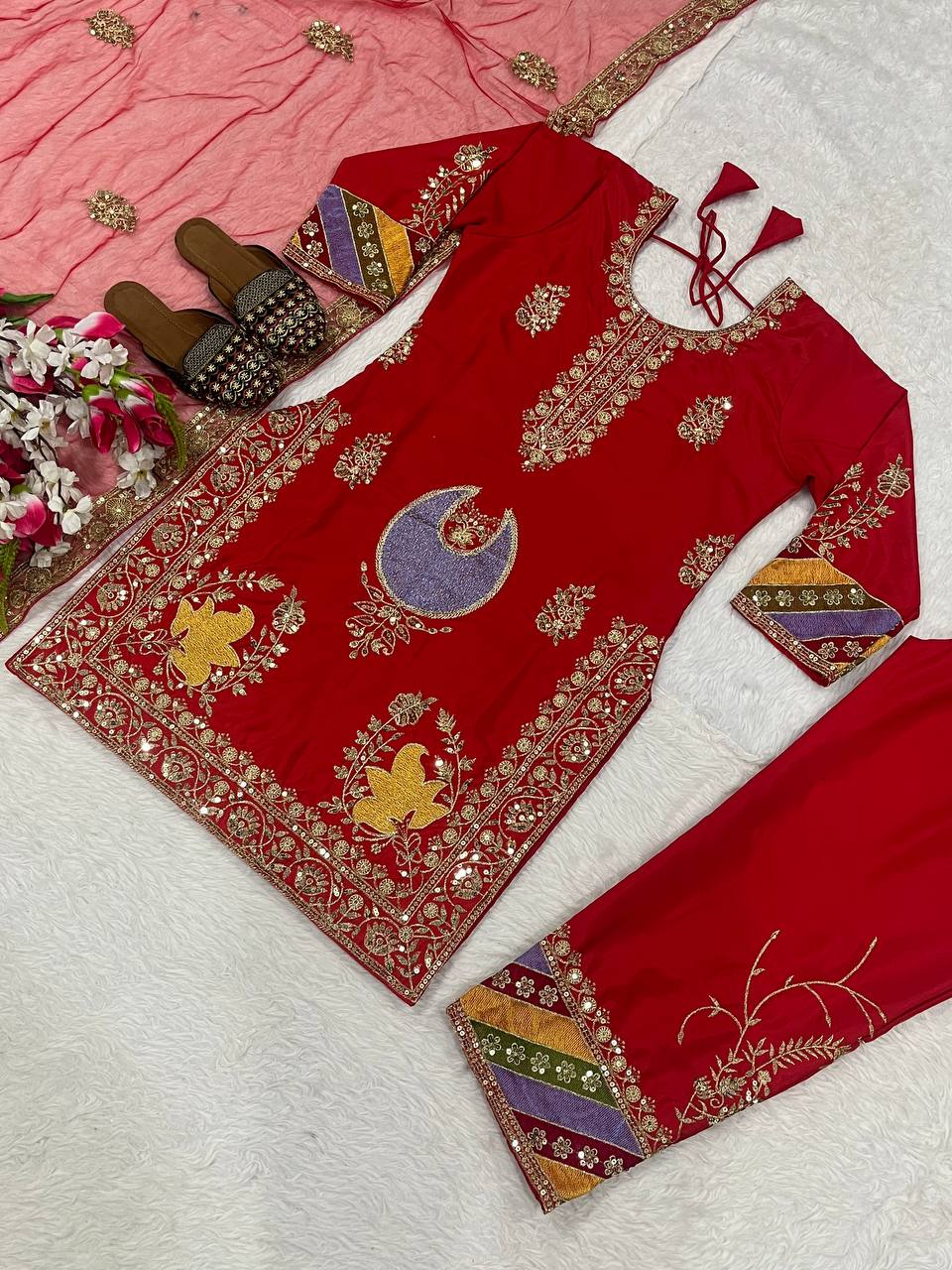 Lovely Red Color Sequence Work Palazzo Suit