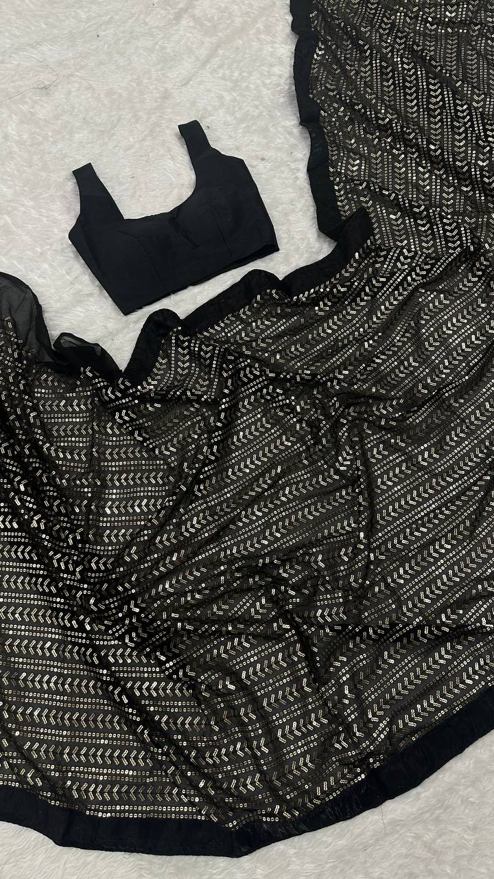 Pretty Black Color Sequins Work Saree