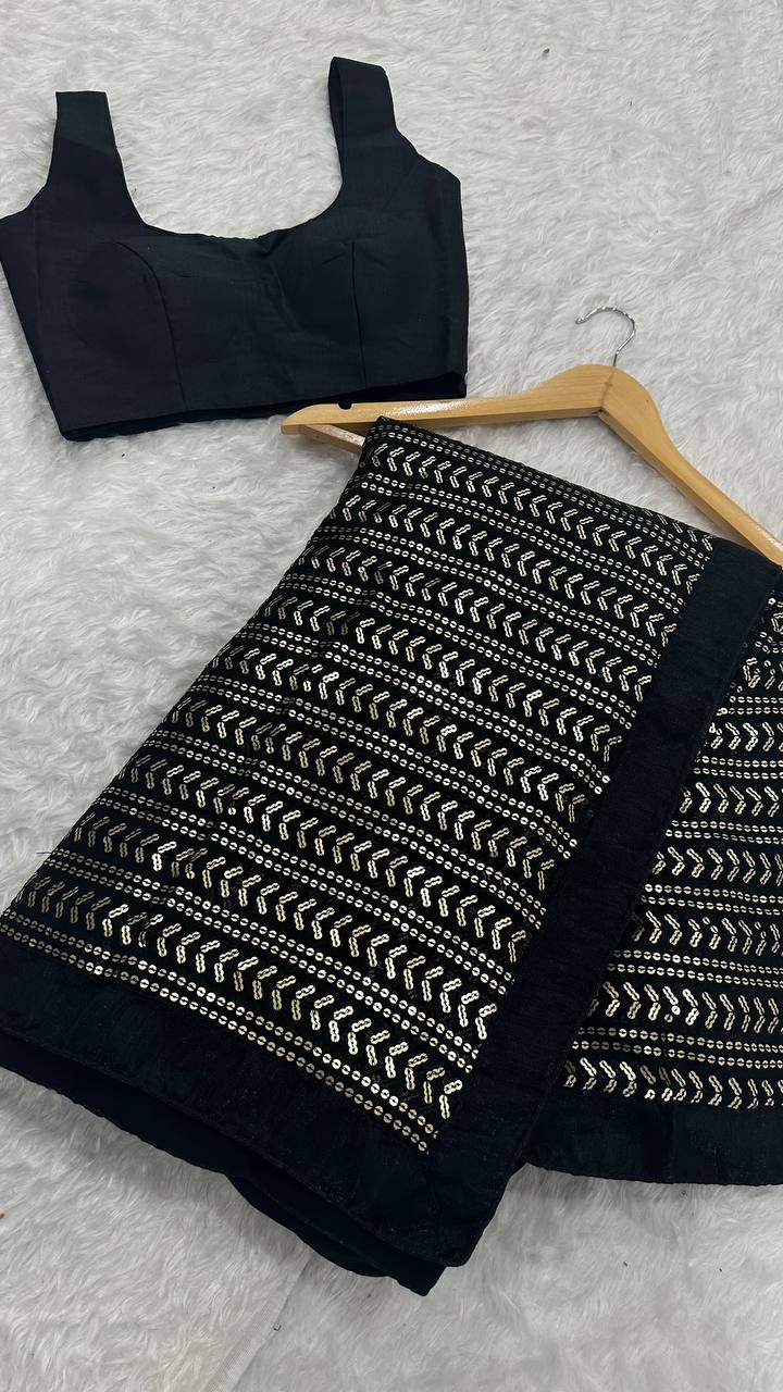 Pretty Black Color Sequins Work Saree