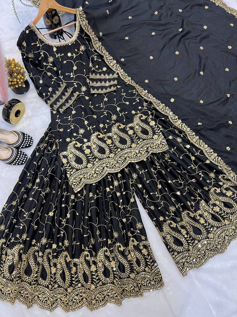 Trendy Black Color Heavy Embroidery Sequence Work Sharara Suit