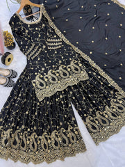 Trendy Black Color Heavy Embroidery Sequence Work Sharara Suit