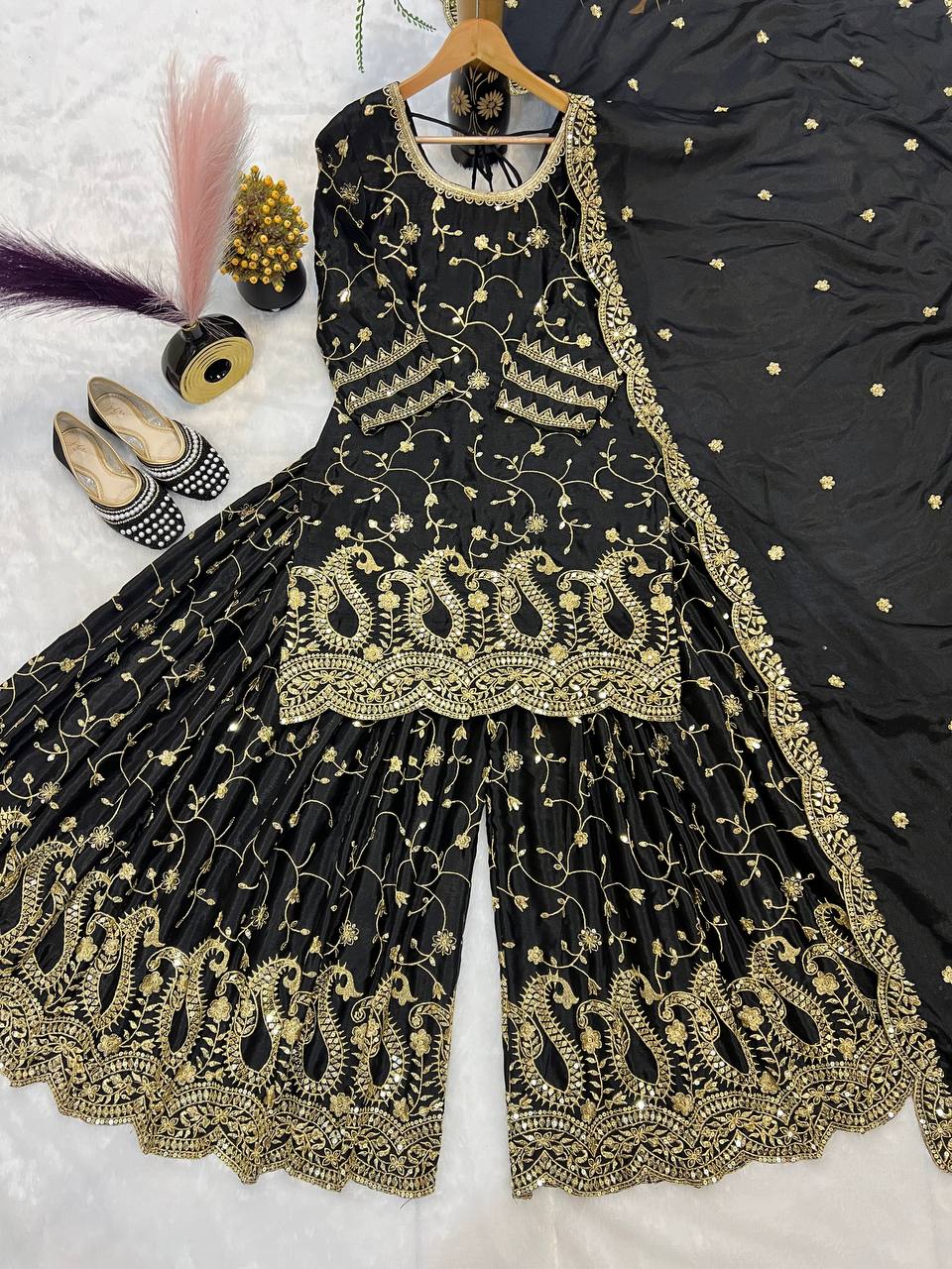 Trendy Black Color Heavy Embroidery Sequence Work Sharara Suit