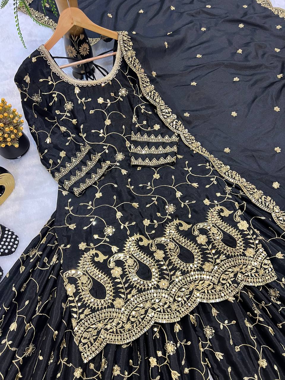 Trendy Black Color Heavy Embroidery Sequence Work Sharara Suit