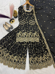 Trendy Black Color Heavy Embroidery Sequence Work Sharara Suit