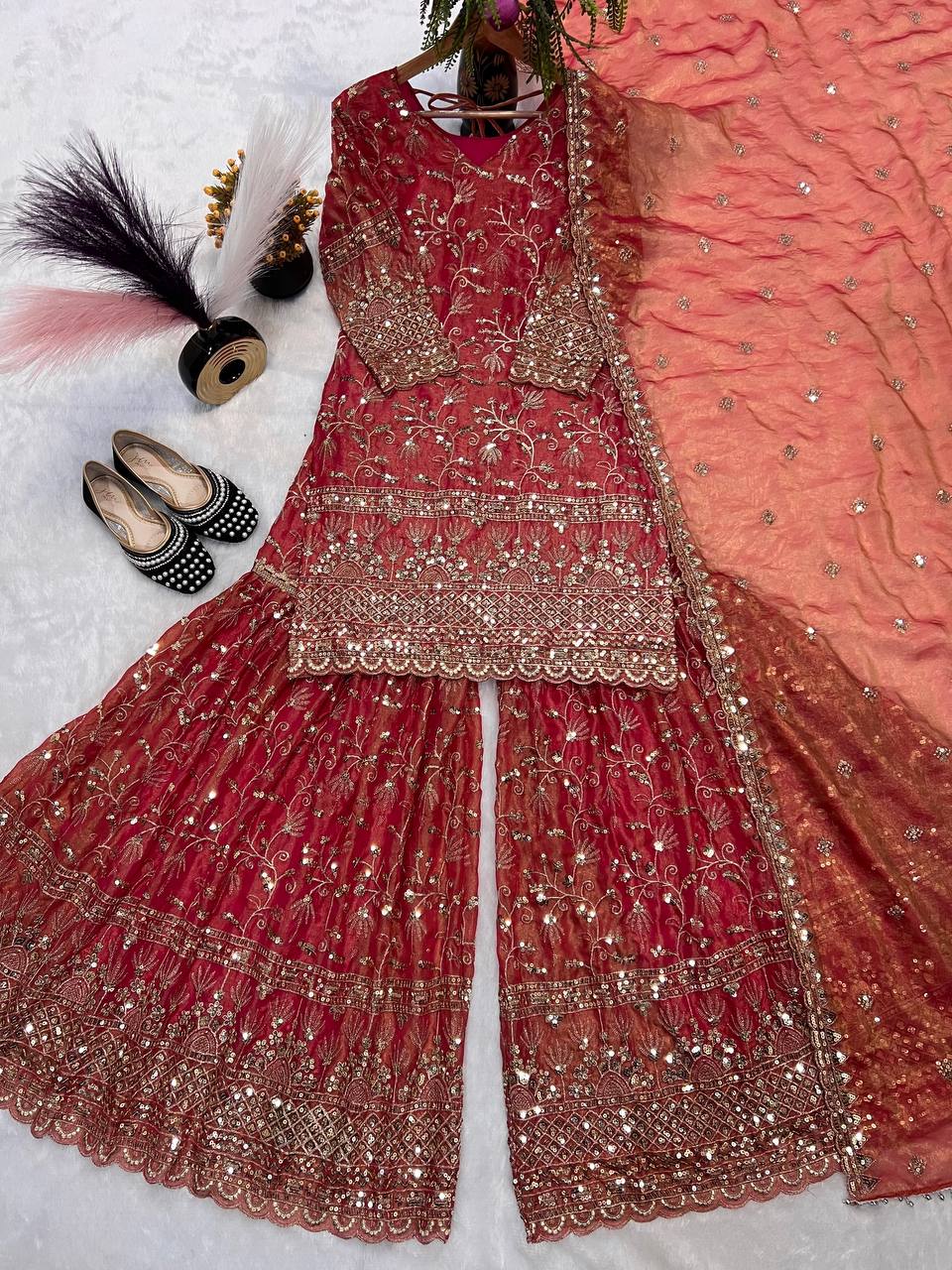 Trendy Brown Color Sequence Work Sharara Suit