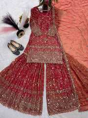 Trendy Brown Color Sequence Work Sharara Suit