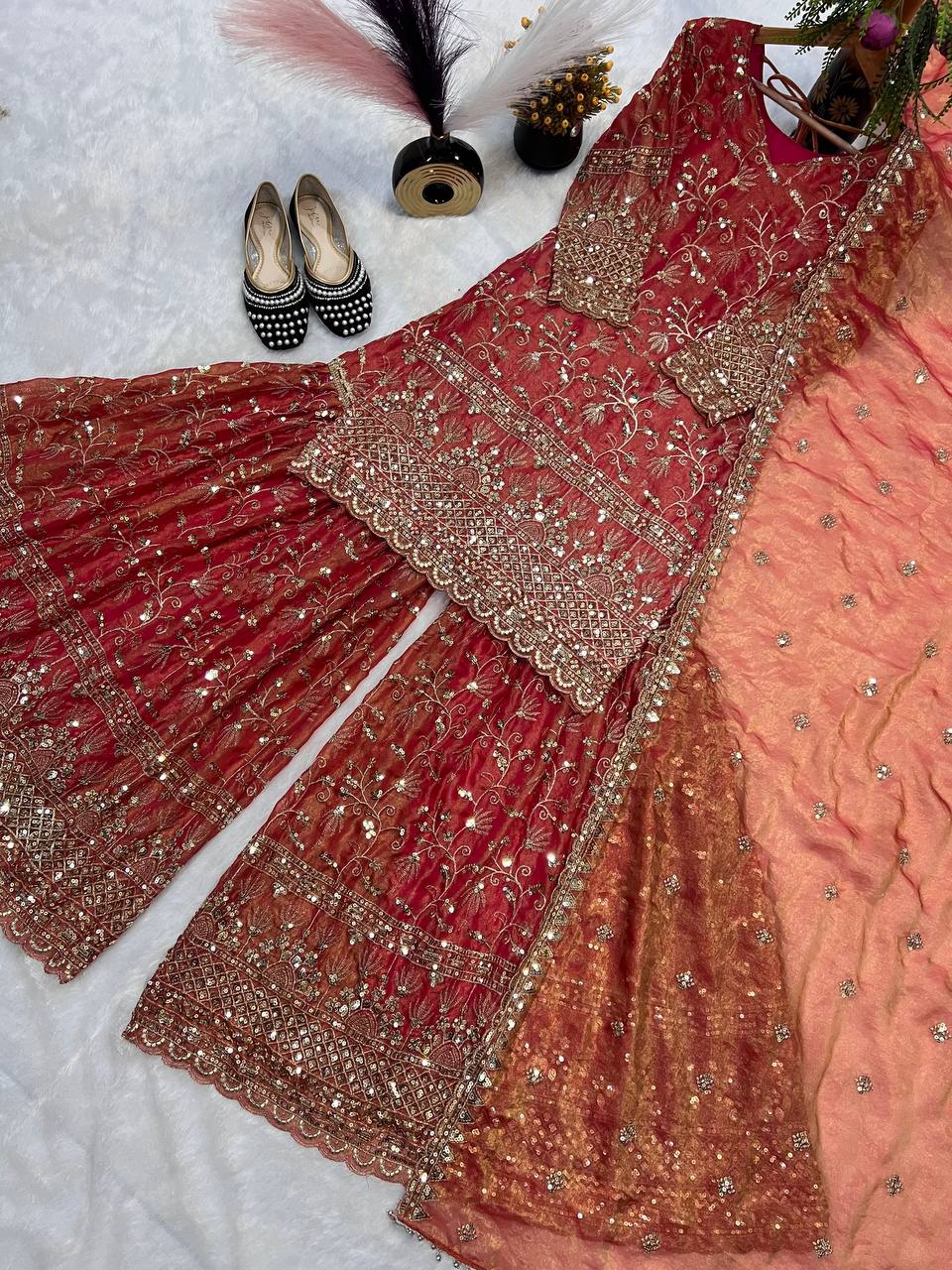 Trendy Brown Color Sequence Work Sharara Suit