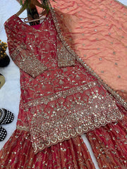 Trendy Brown Color Sequence Work Sharara Suit