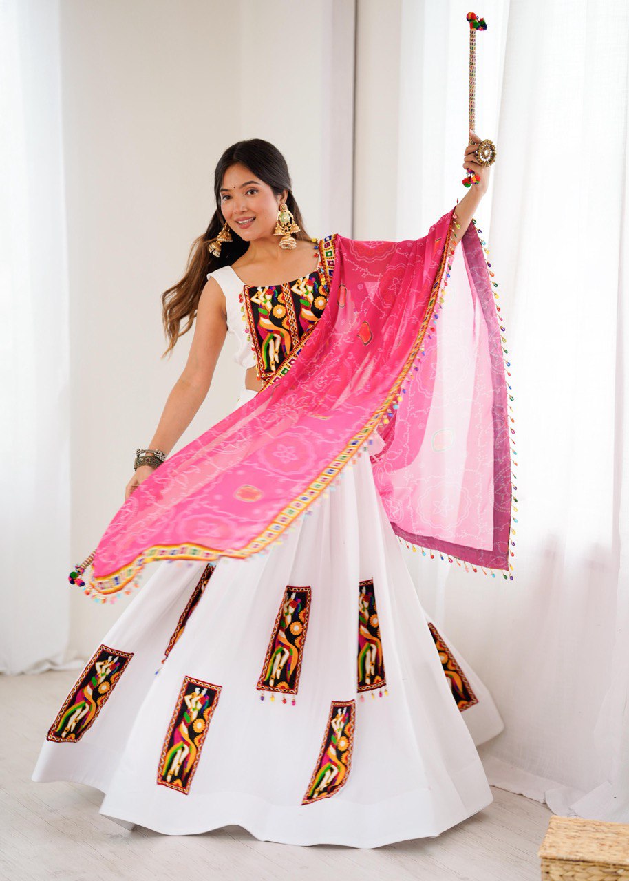 Navratri Wear White Color Gamthi Work Lehenga Choli
