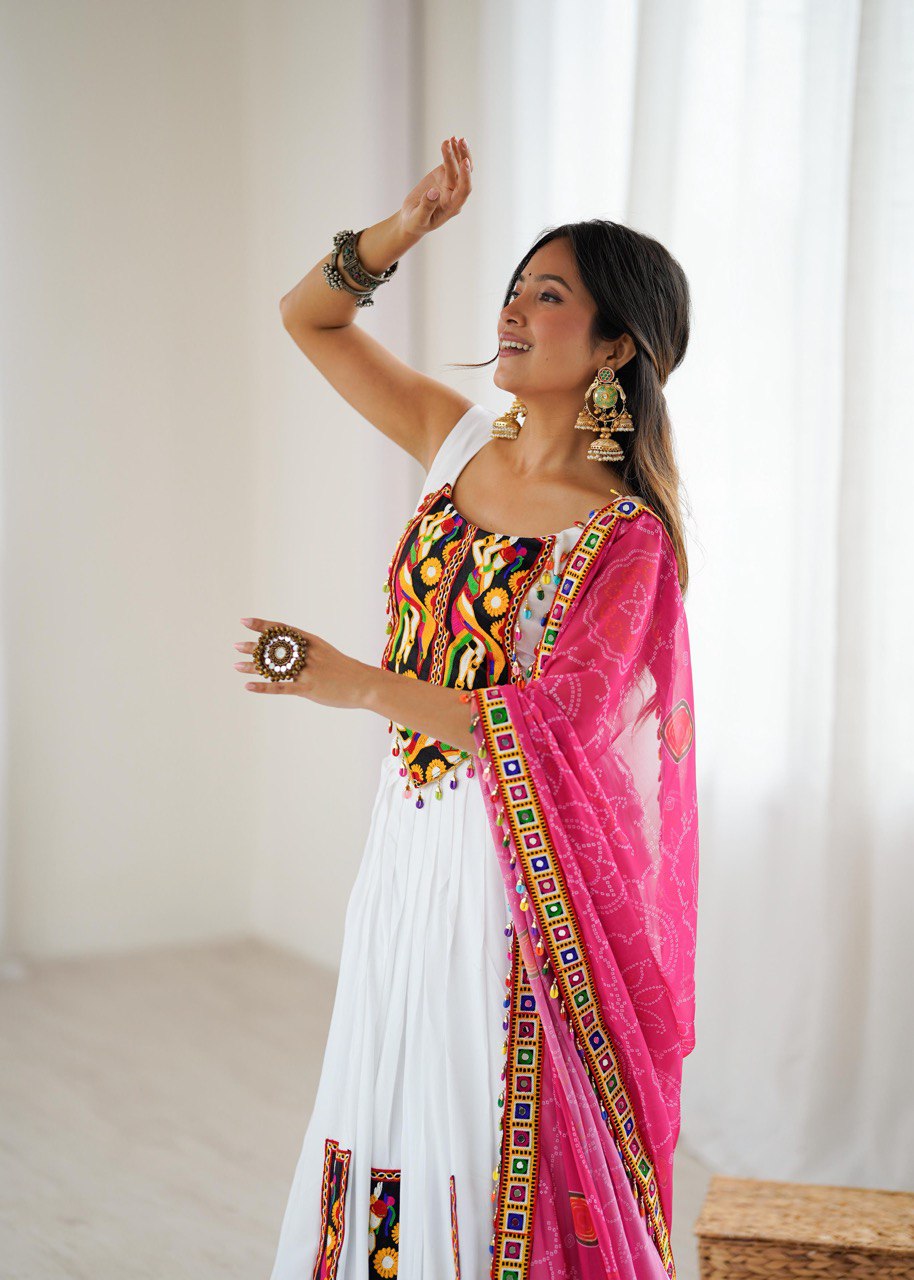 Navratri Wear White Color Gamthi Work Lehenga Choli