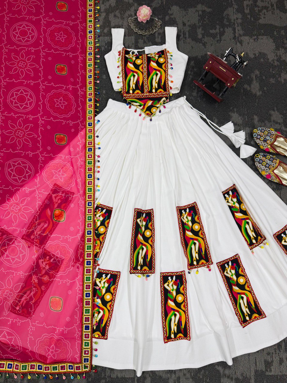 Navratri Wear White Color Gamthi Work Lehenga Choli