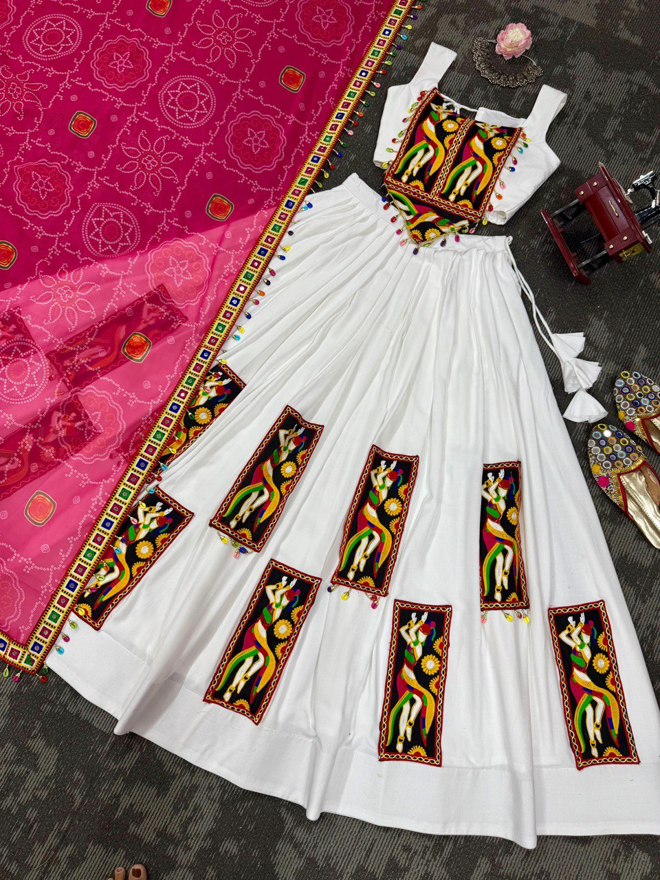 Navratri Wear White Color Gamthi Work Lehenga Choli