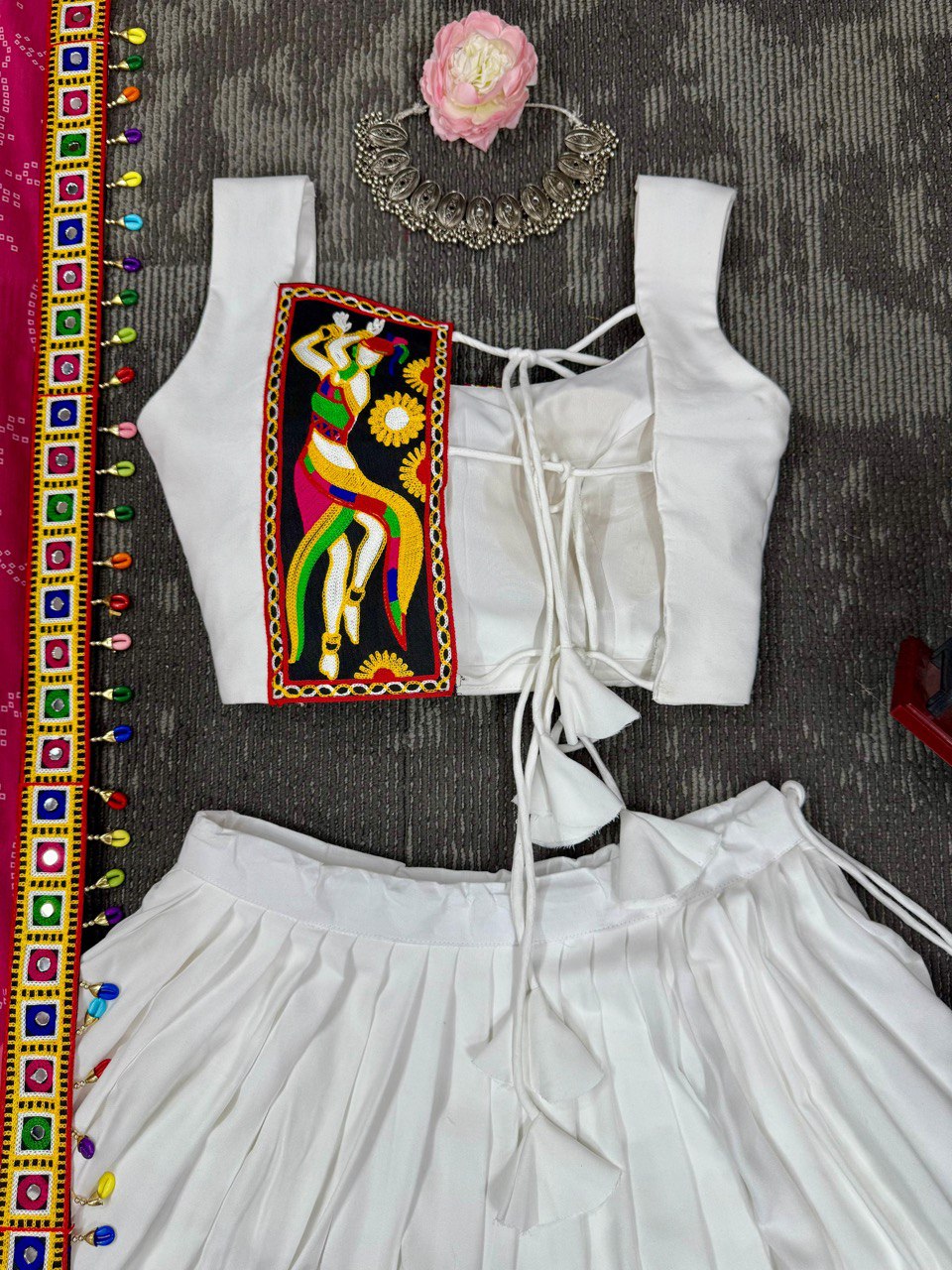 Navratri Wear White Color Gamthi Work Lehenga Choli