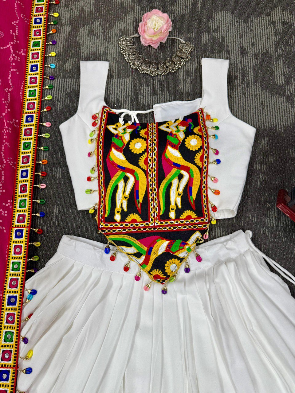 Navratri Wear White Color Gamthi Work Lehenga Choli