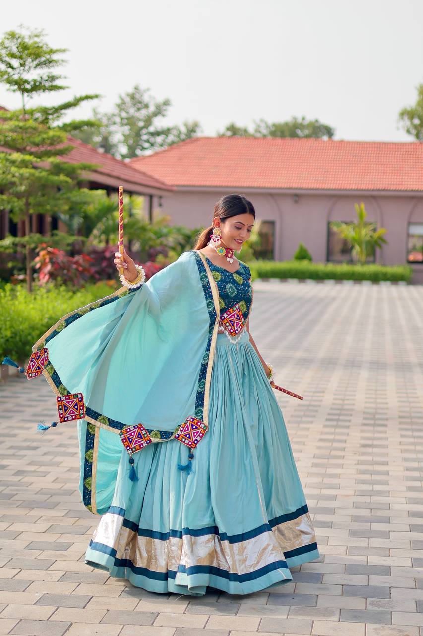 Navratri Wear Sky Blue Gamthi Work Lehenga Choli