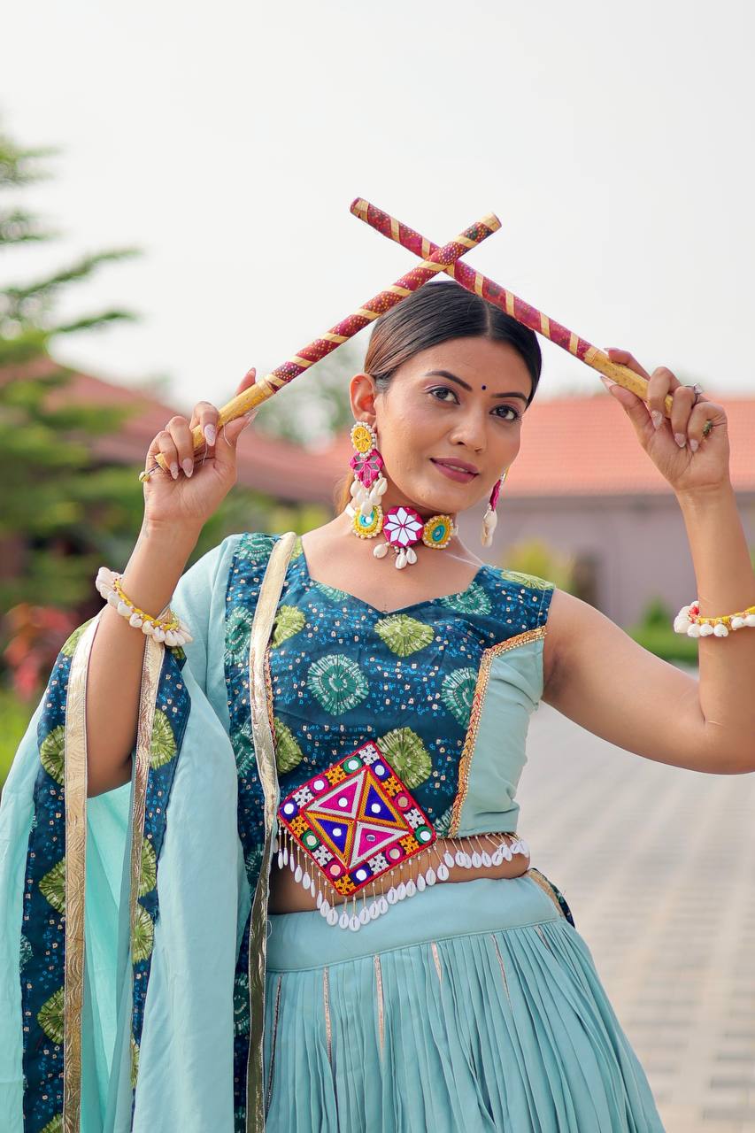 Navratri Wear Sky Blue Gamthi Work Lehenga Choli