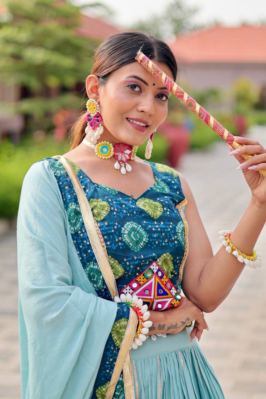 Navratri Wear Sky Blue Gamthi Work Lehenga Choli