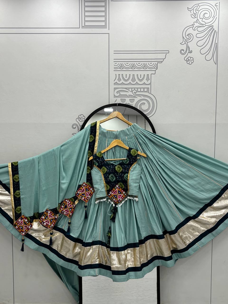 Navratri Wear Sky Blue Gamthi Work Lehenga Choli