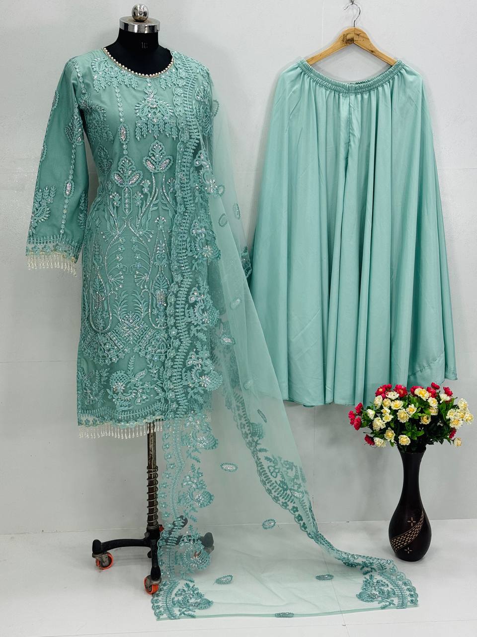 Trendy Beige Color Embroidery Work Palazzo Suit