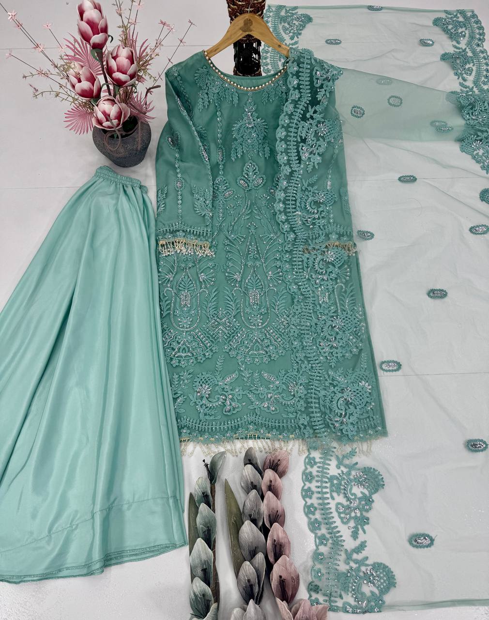 Trendy Beige Color Embroidery Work Palazzo Suit