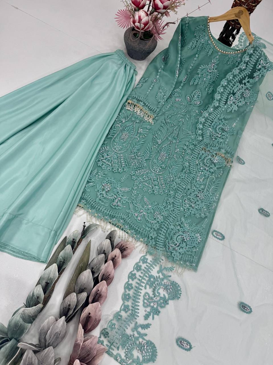 Trendy Beige Color Embroidery Work Palazzo Suit