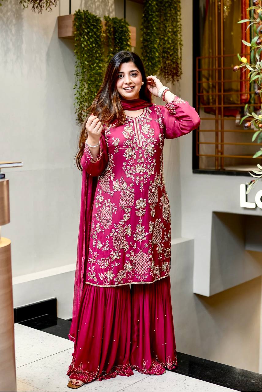Stylish Pink Color Sequence Work Georgette Sharara Suit