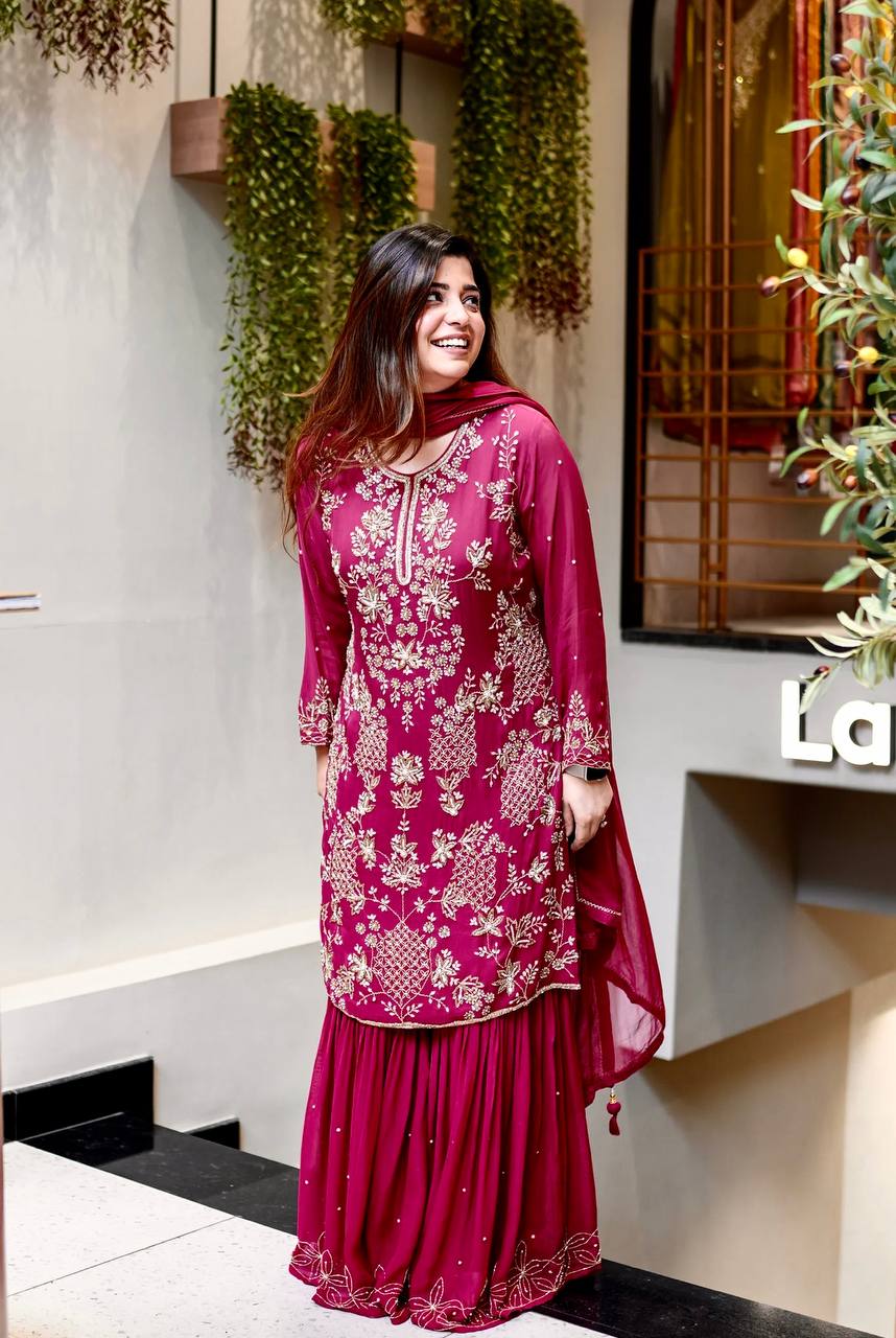 Stylish Pink Color Sequence Work Georgette Sharara Suit