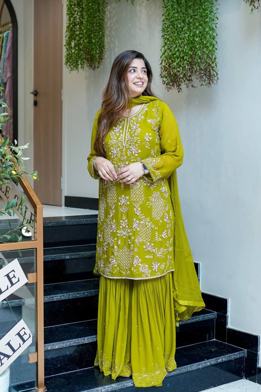 Stylish Pink Color Sequence Work Georgette Sharara Suit