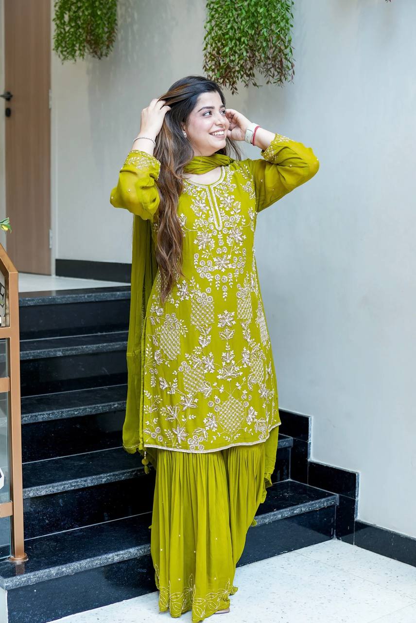 Stylish Pink Color Sequence Work Georgette Sharara Suit