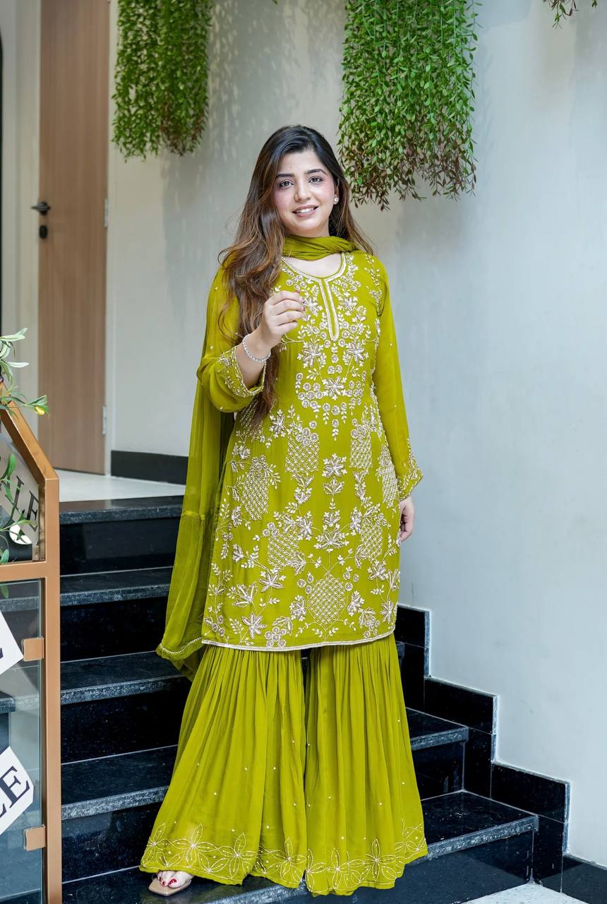 Stylish Pink Color Sequence Work Georgette Sharara Suit
