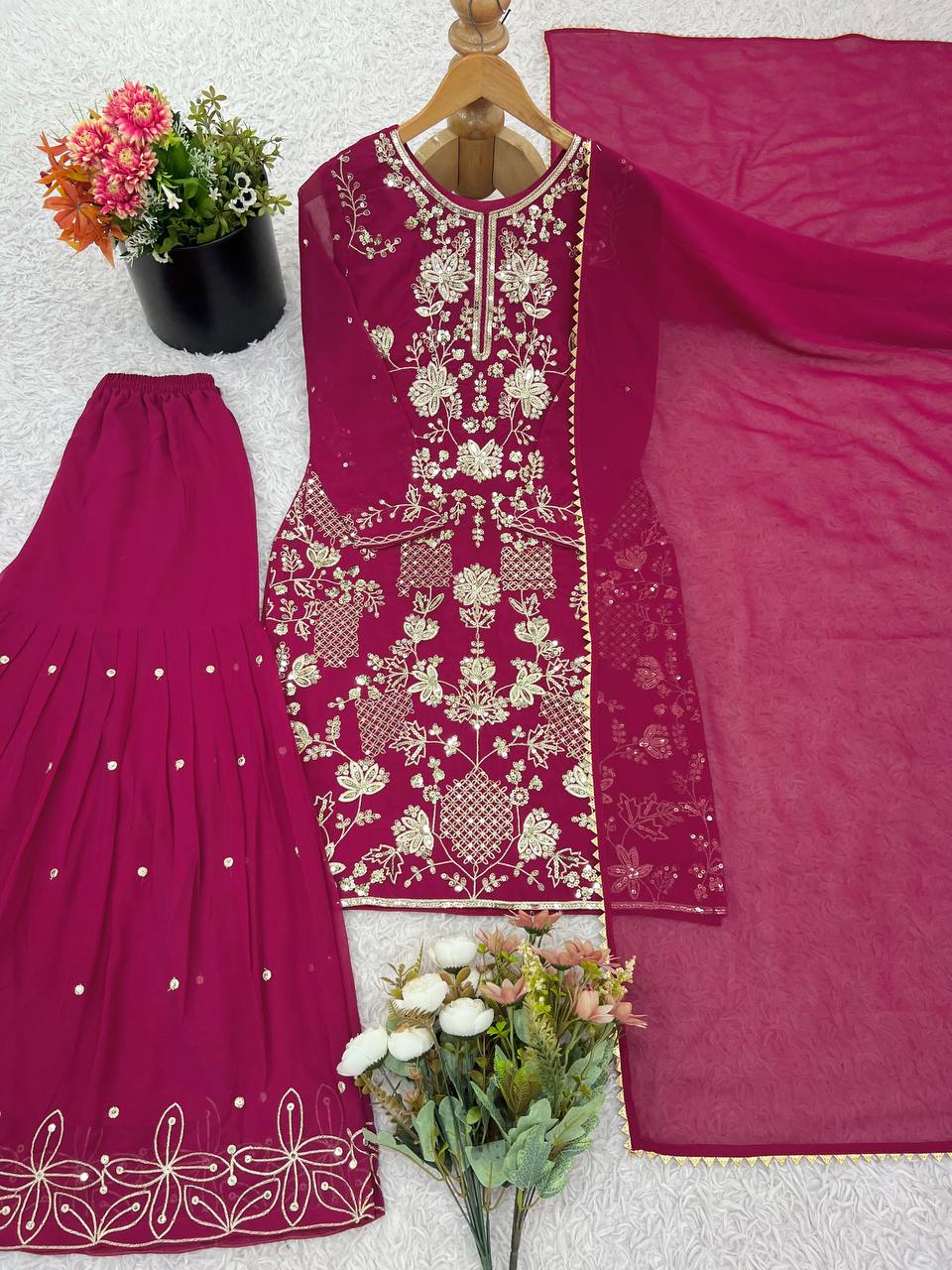 Stylish Pink Color Sequence Work Georgette Sharara Suit