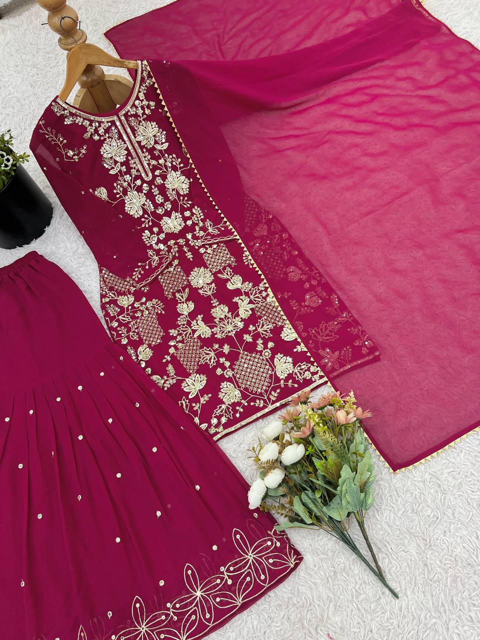 Stylish Pink Color Sequence Work Georgette Sharara Suit