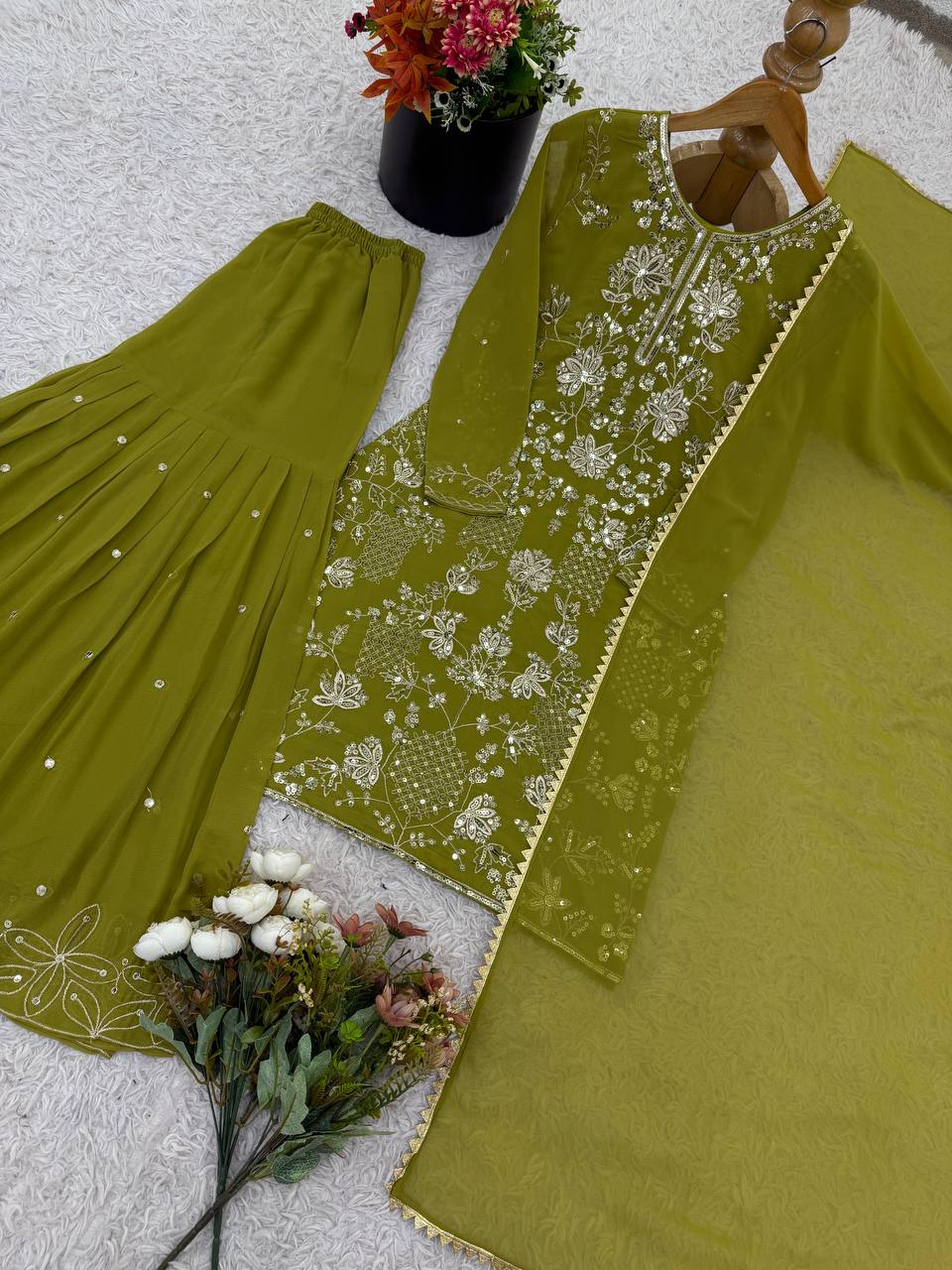 Stylish Pink Color Sequence Work Georgette Sharara Suit