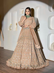 Wedding Collection Beige Color Net Heavy Embroidery Work Lehenga Choli