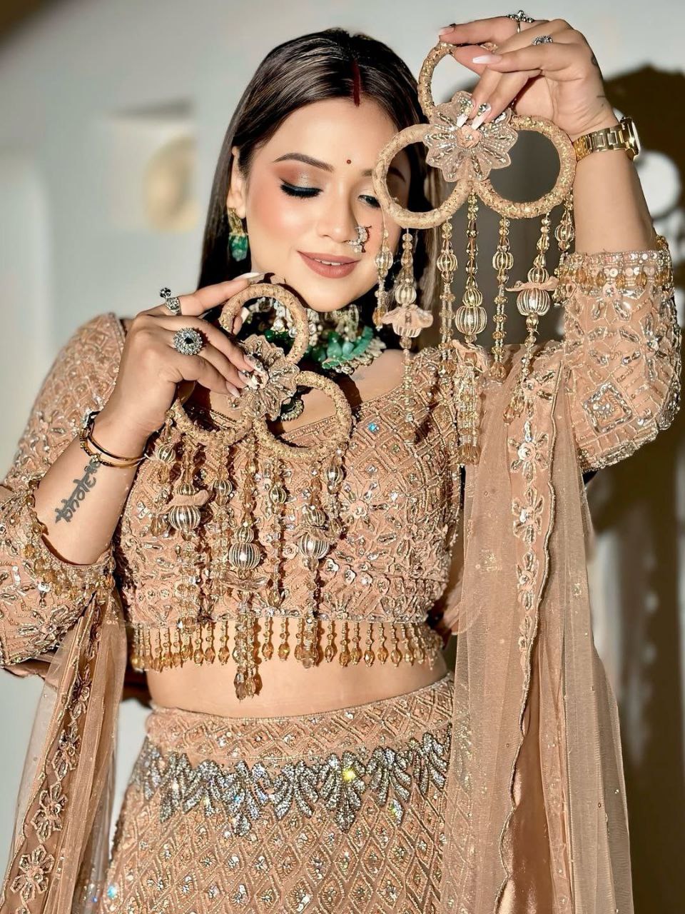 Wedding Collection Beige Color Net Heavy Embroidery Work Lehenga Choli