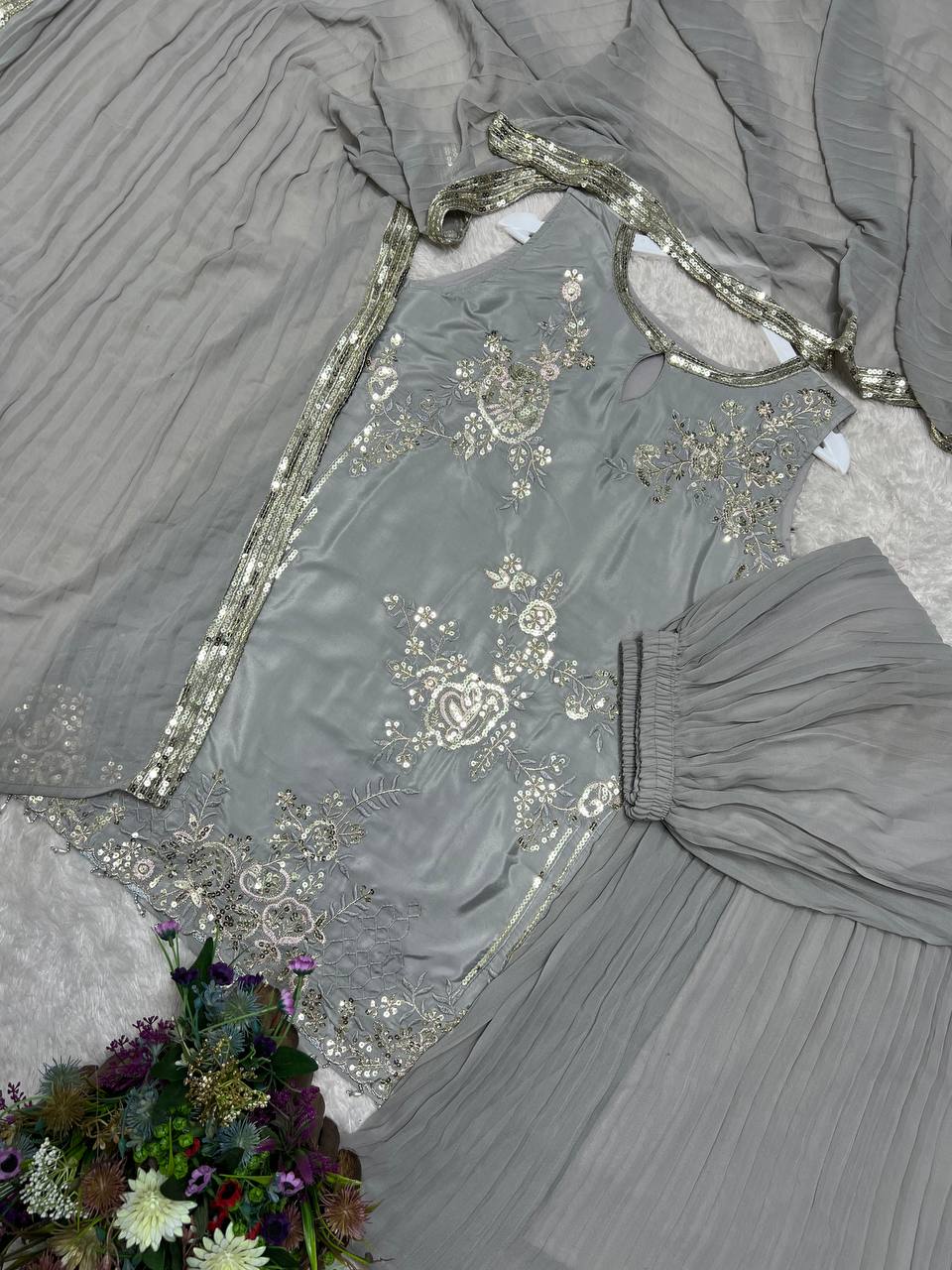 Gorgeous Gray Embroidery Work Palazzo Suit